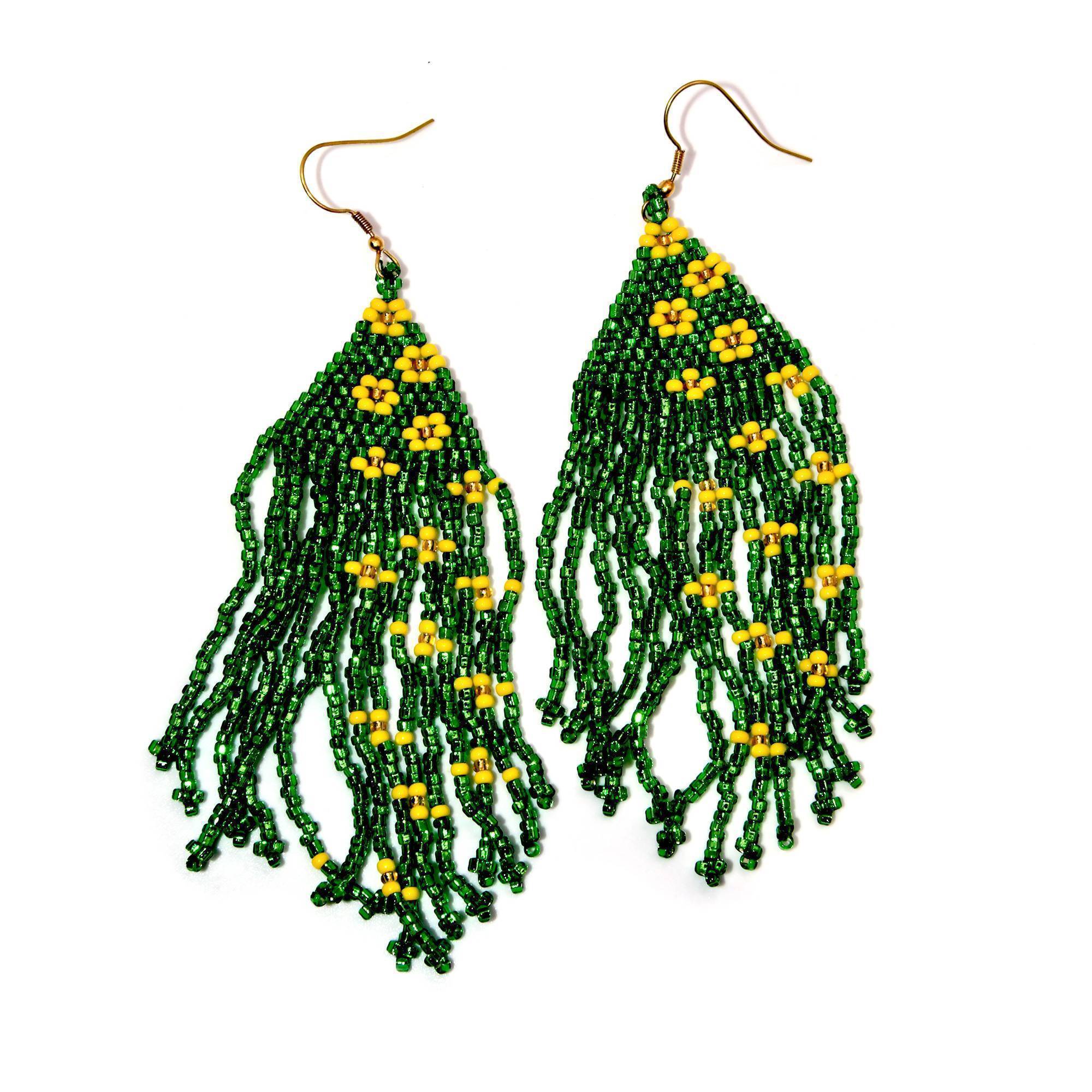Yellow Flowers in Green Fringe Earring