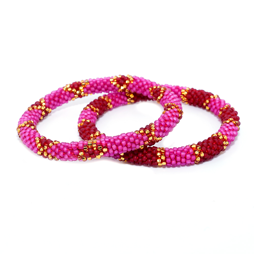 Dark Pink Roses Bracelet - Set of 2